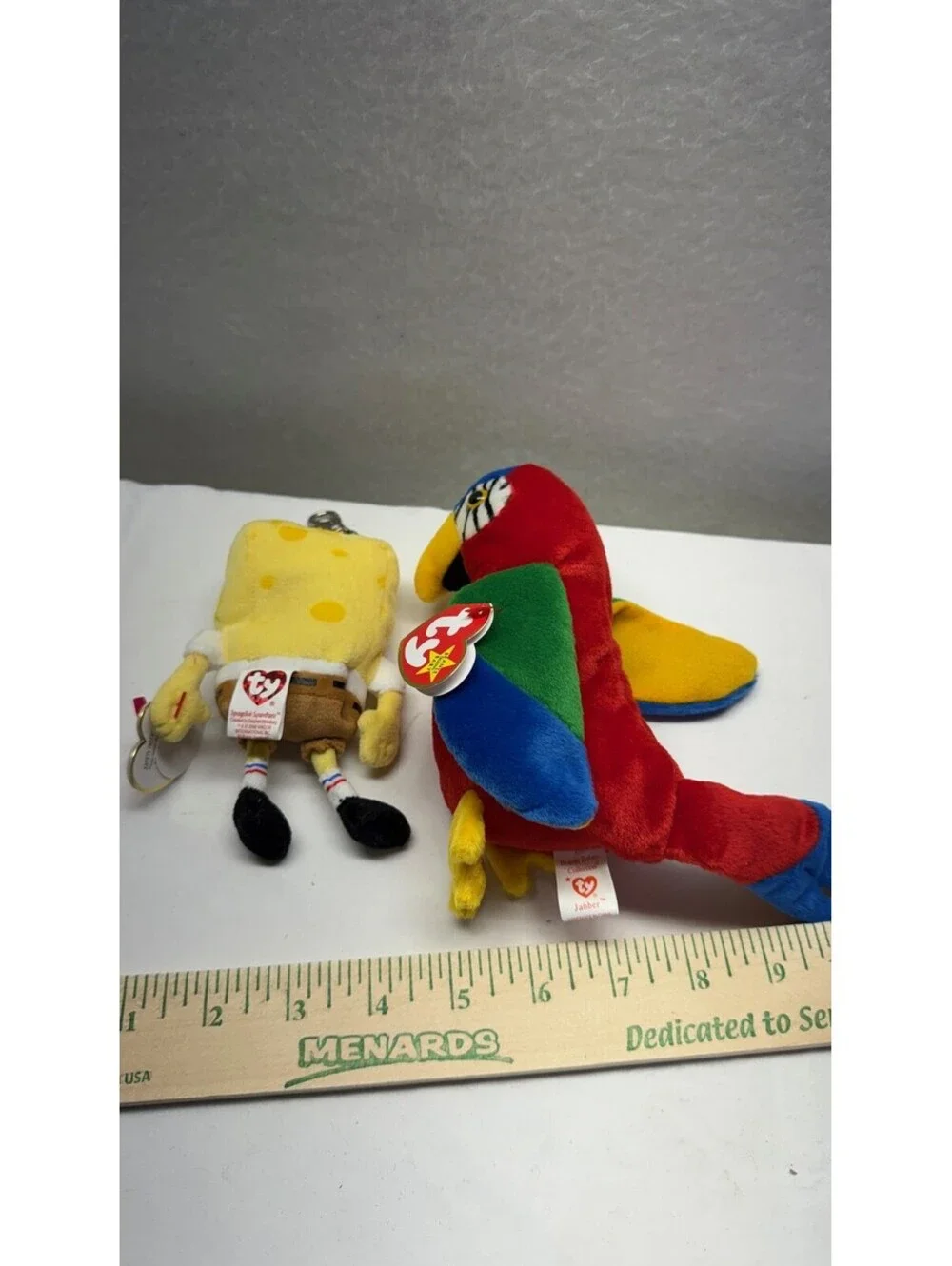 Lot of 2 Ty Beanie Babies: SpongeBob SquarePants & Jabber Parrot Plush Toys